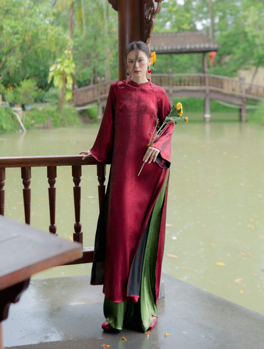 Áo dài Lụa Nhung Kim Sa Đỏ