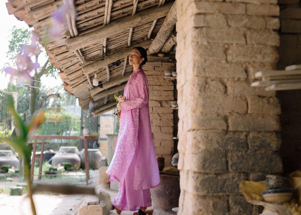 Quần lụa tơ tằm hoạ tiết ngân hạnh màu tím