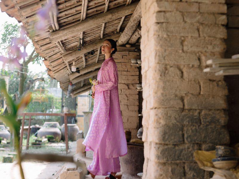 Quần lụa tơ tằm hoạ tiết ngân hạnh màu tím