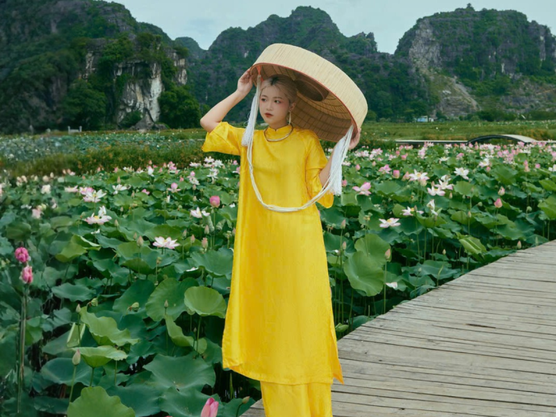 Áo dài tơ tằm hoạ tiết hoa cúc màu vàng - dáng cách tân