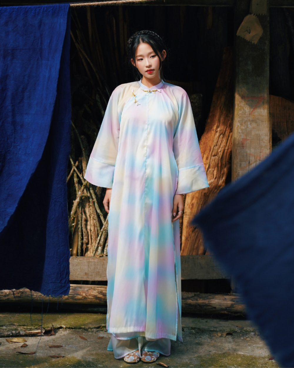 Set Áo Dài Ngũ Thân tơ loang màu xanh