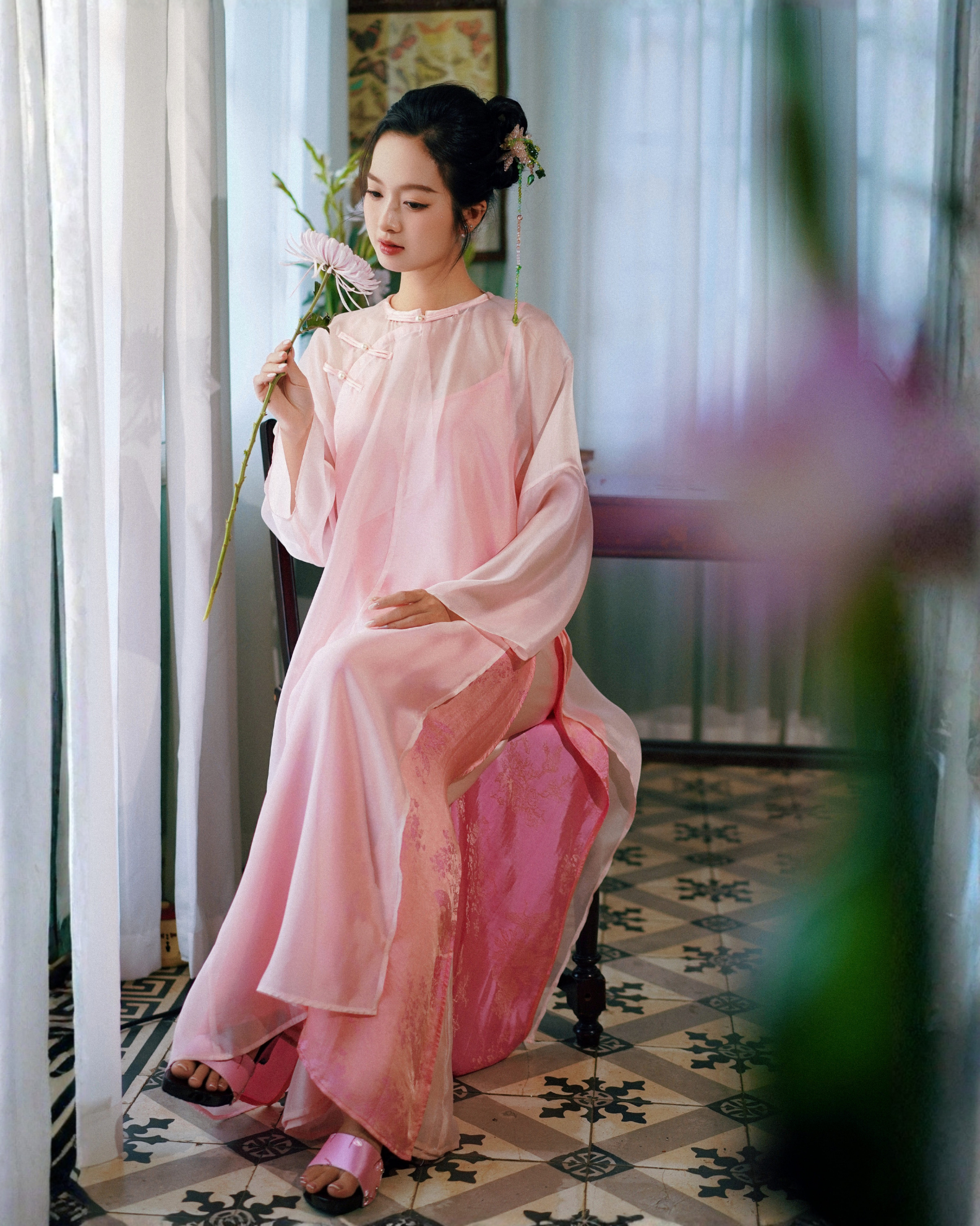 Set Áo Dài Ngũ Thân tơ màu hồng phấn