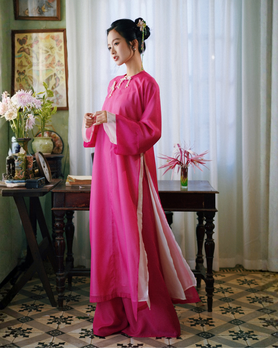 Set Áo Dài Ngũ Thân tơ màu hồng sen