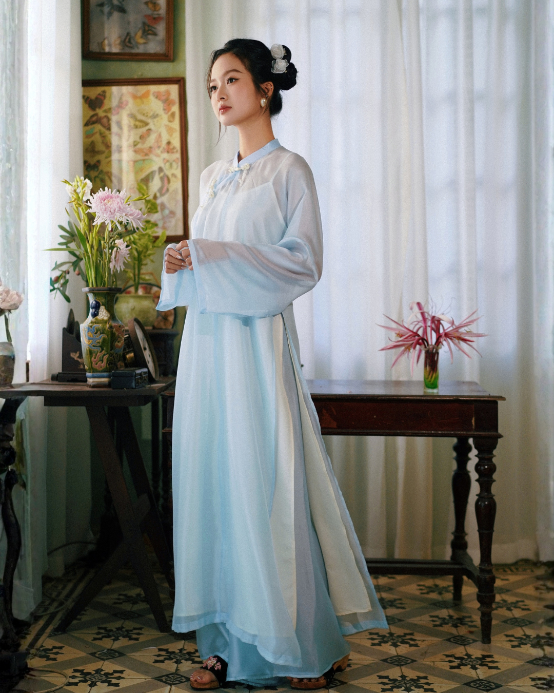 Set Áo Dài Ngũ Thân tơ xanh dương