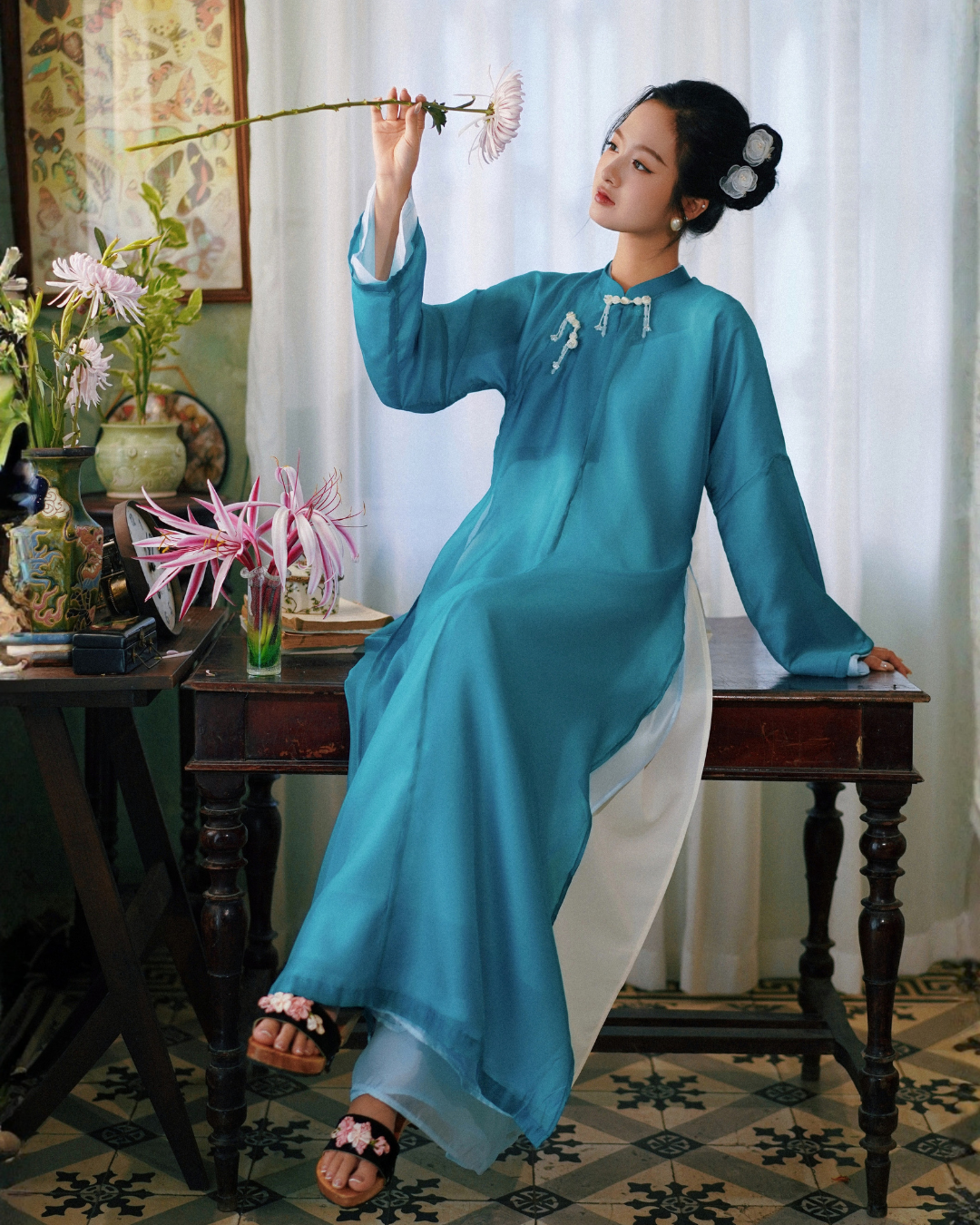 Set Áo Dài Ngũ Thân tơ màu xanh vịt