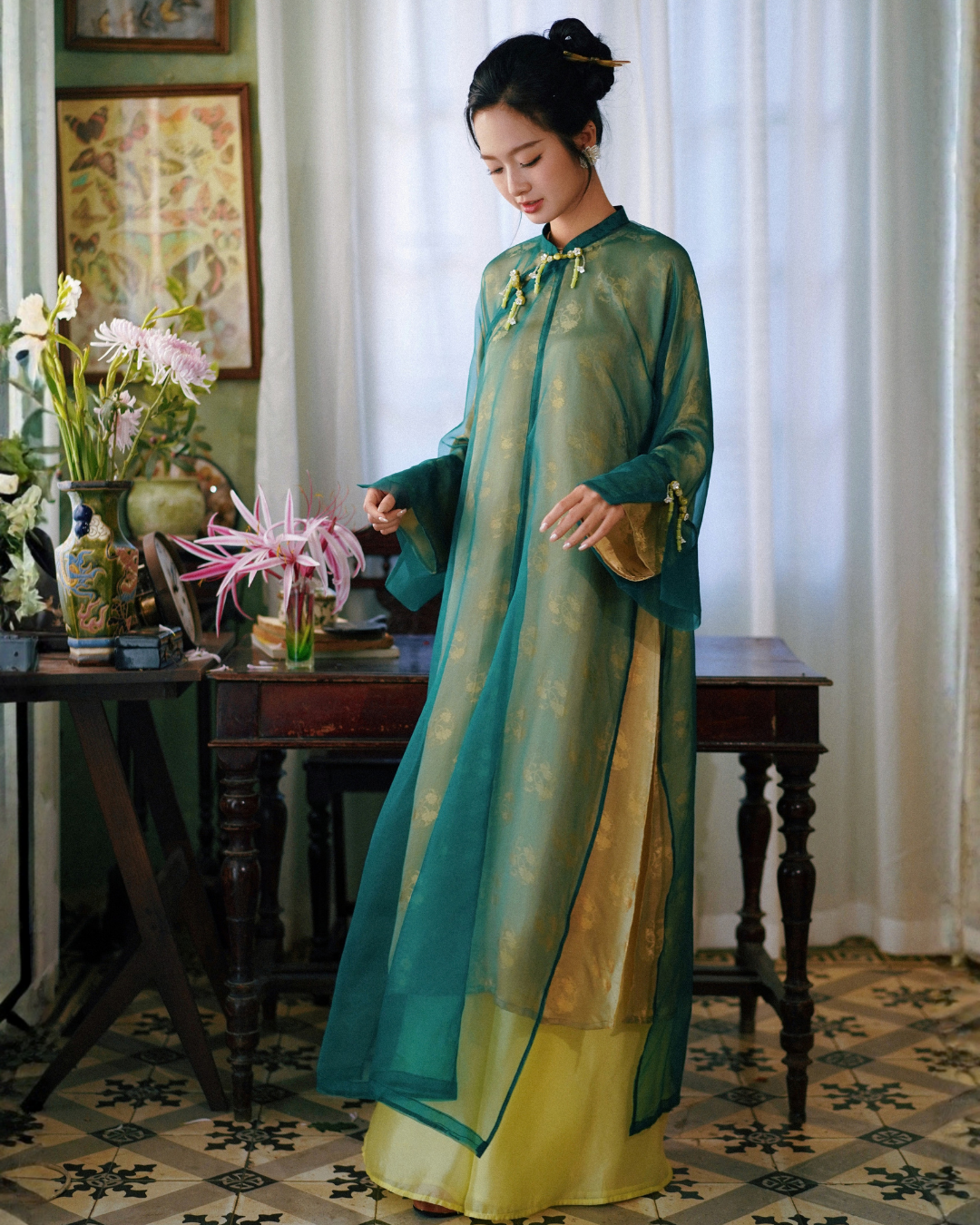 Set Áo Dài Ngũ Thân tơ xanh lá đậm